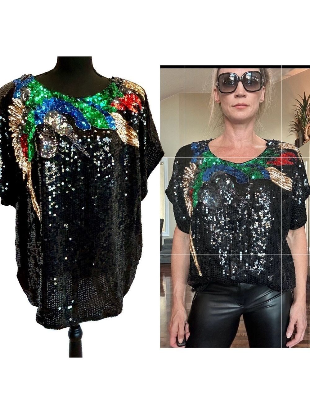 ANN GREEN rare vintage retro 70s 80s 90s sequin beaded bird short sleeve blouse